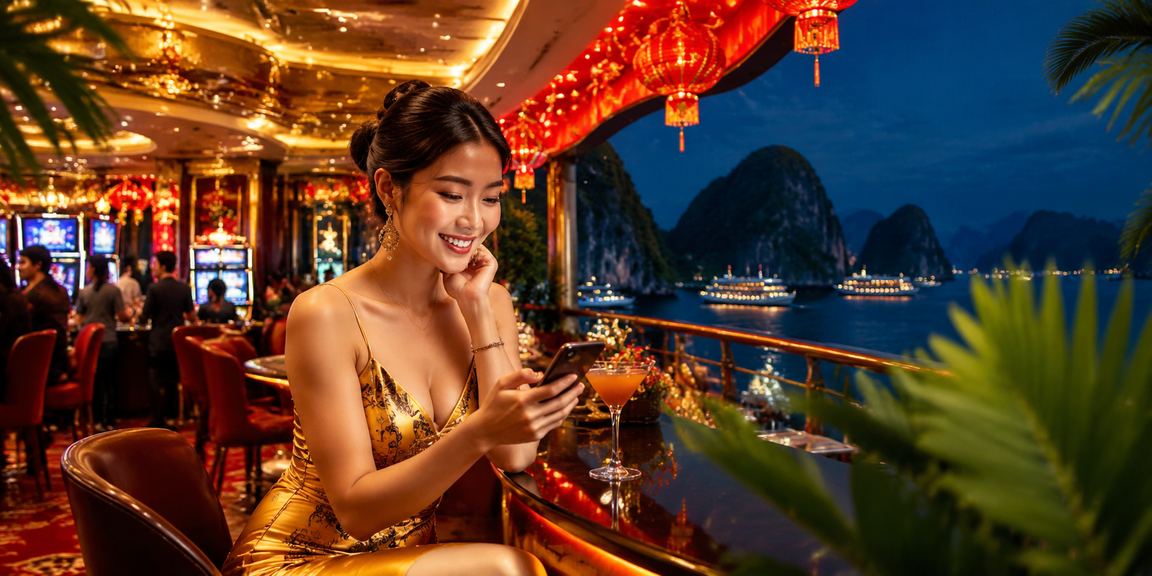 Người chơi sử dụng ứng dụng hero68 trên điện thoại tại lễ hội Tết Hạ Long