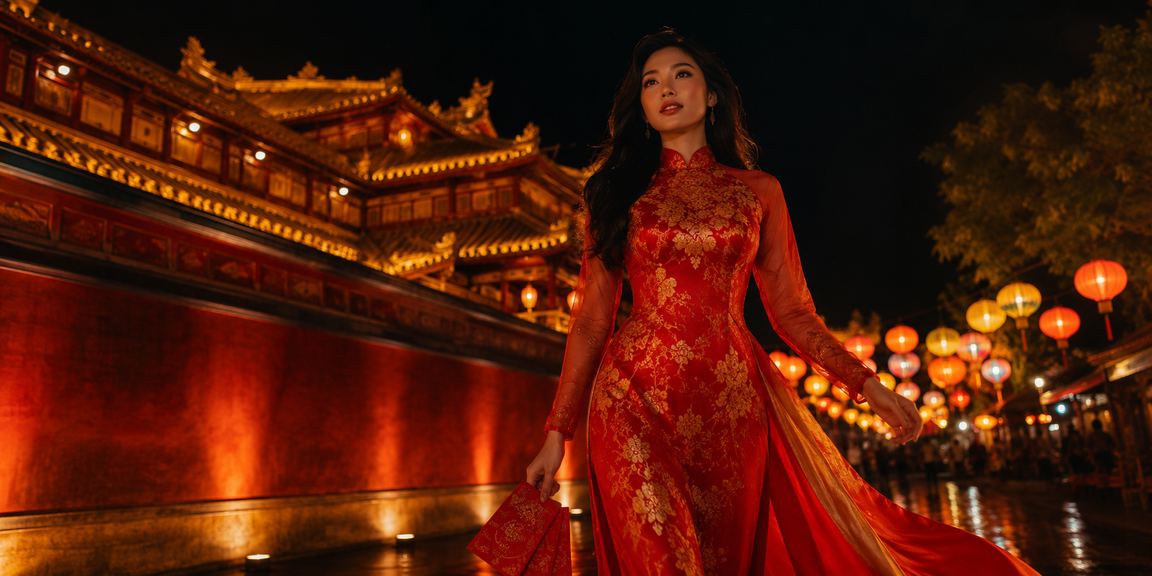 Chợ đêm Huế với phong bì đỏ may mắn biểu tượng thưởng và khuyến mãi